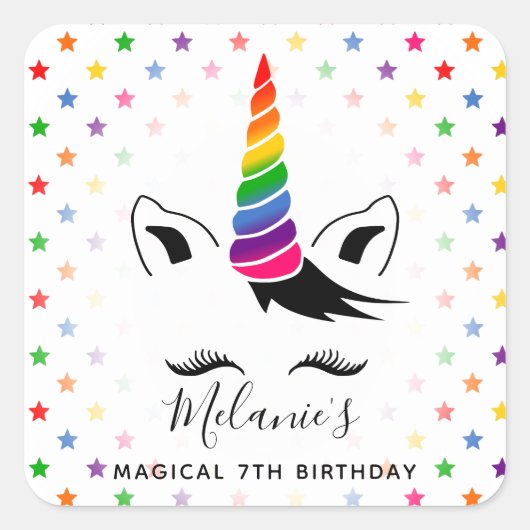 Glam Rainbow Unicorn Birthday Party Vierkante Sticker (Voorkant)