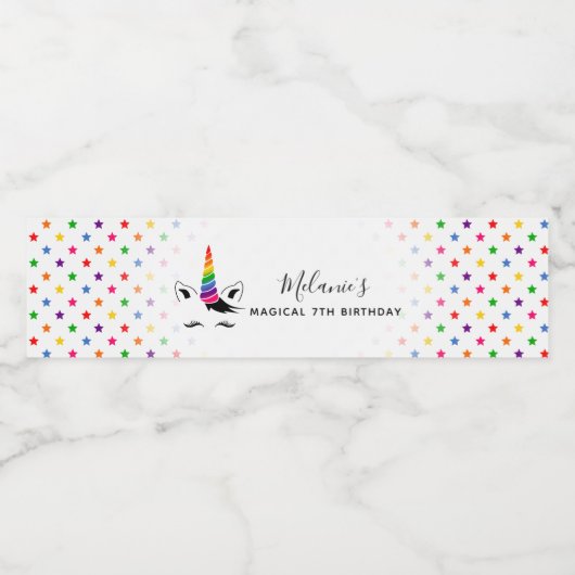 Glam Rainbow Unicorn Birthday Party Waterfles Etiket (Enkel label)
