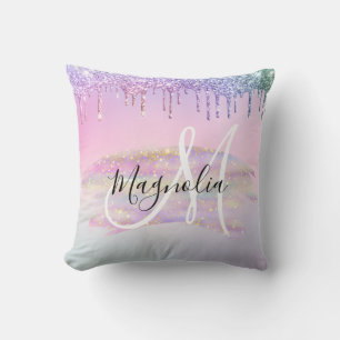Glam Rainbow Unicorn Ombre Glitter Pink Monogram Kussen
