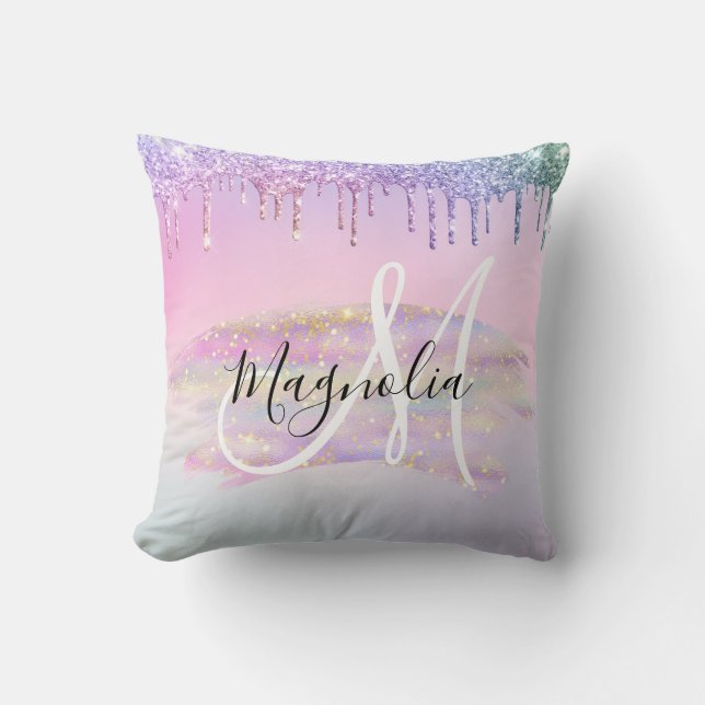 Glam Rainbow Unicorn Ombre Glitter Pink Monogram Kussen (Voorkant)