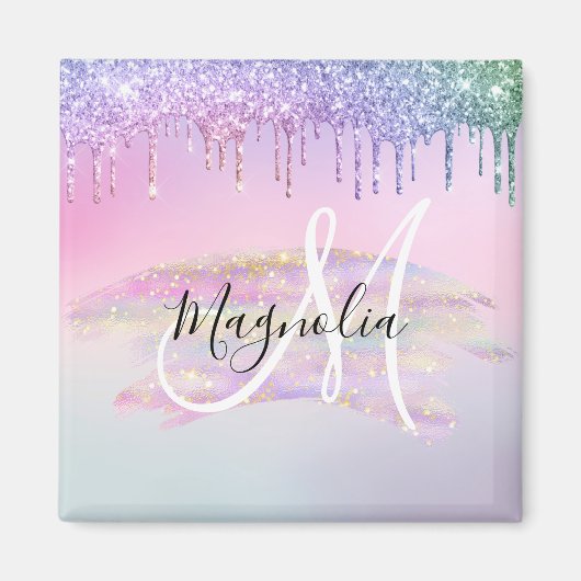 Glam Rainbow Unicorn Ombre Glitter Pink Monogram Magneet (Voorkant)
