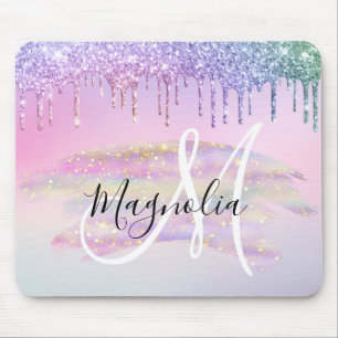 Glam Rainbow Unicorn Ombre Glitter Pink Monogram Muismat