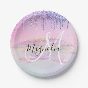 Glam Rainbow Unicorn Ombre Glitter Pink Monogram Papieren Bordje