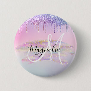 Glam Rainbow Unicorn Ombre Glitter Pink Monogram Ronde Button 5,7 Cm