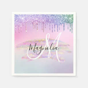 Glam Rainbow Unicorn Ombre Glitter Pink Monogram Servet
