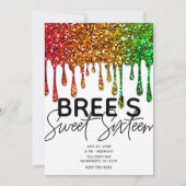 Glam Rasta Rainbow Glitter Drips Sweet 16 Party Kaart (Voorkant)