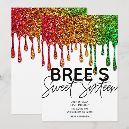 Glam Rasta Rainbow Glitter Drips Sweet 16 Party Kaart (Voorkant / Achterkant)