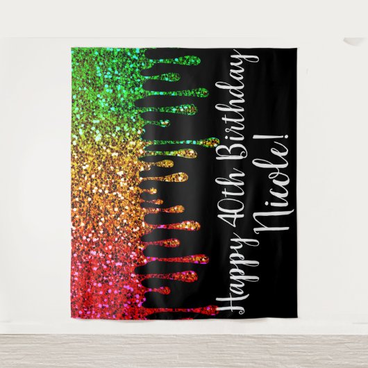 Glam Rasta Regenboog Glitter Druppels Verjaardagsf Wandkleed (Voorkant)