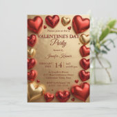 Glam Red and Gold 3D Hearts Valentine's Day Party Kaart (Staand voorkant)