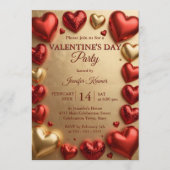 Glam Red and Gold 3D Hearts Valentine's Day Party Kaart (Voorkant)