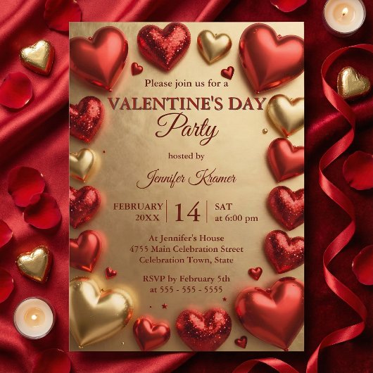 Glam Red and Gold 3D Hearts Valentine's Day Party Kaart