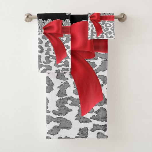 Glam Red Bow-Grey Leopard-Silver Floral Sparkles Bad Handdoek (Insitu)