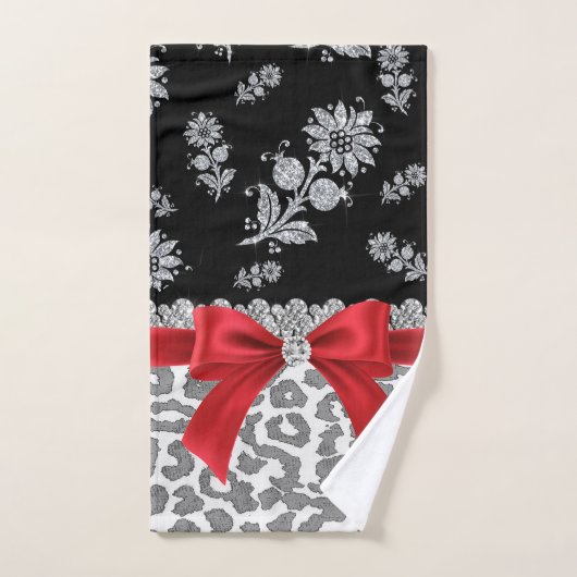 Glam Red Bow-Grey Leopard-Silver Floral Sparkles Bad Handdoek (Handdoek)