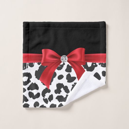 Glam Red Bow-White leopard Print Black Bad Handdoek (Wasdoekje)