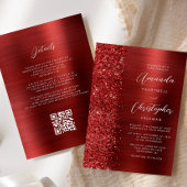 Glam Red Brushed Metal QR Code Wedding Kaart