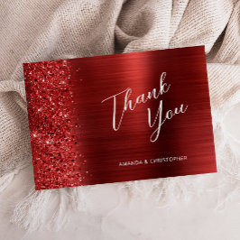 Glam Red Brushed Metal Wedding Flat Thank You Kaart