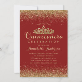 Glam Red Burgundy Quinceañera Gold Tiara Glitter Kaart