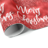 Glam Red Folie Glitter Merry Kerstkalligrafie Cadeaupapier (Rol Hoek)