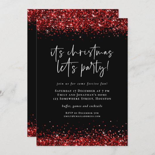 Glam Red Glitter Borders Lets kerstfeest Kaart (Voorkant / Achterkant)