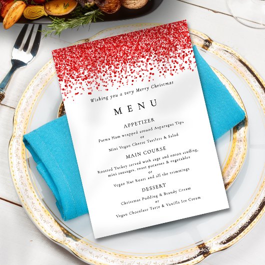 Glam Red Glitter Christmas Party Menu kaart