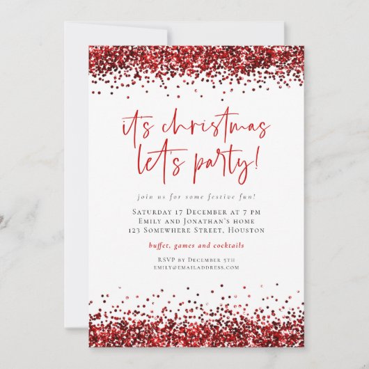 Glam Red Glitter Kerst Lets Party Kaart (Voorkant)