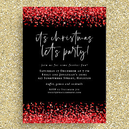 Glam Red Glitter Kerst Lets Party Zwart Kaart
