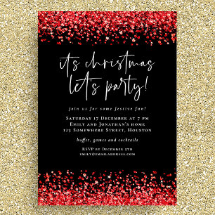 Glam Red Glitter Kerst Lets Party Zwart Kaart