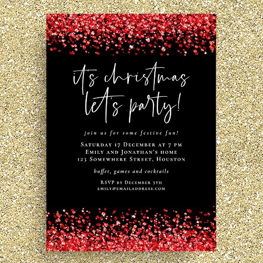 Glam Red Glitter Kerst Lets Party Zwart Kaart