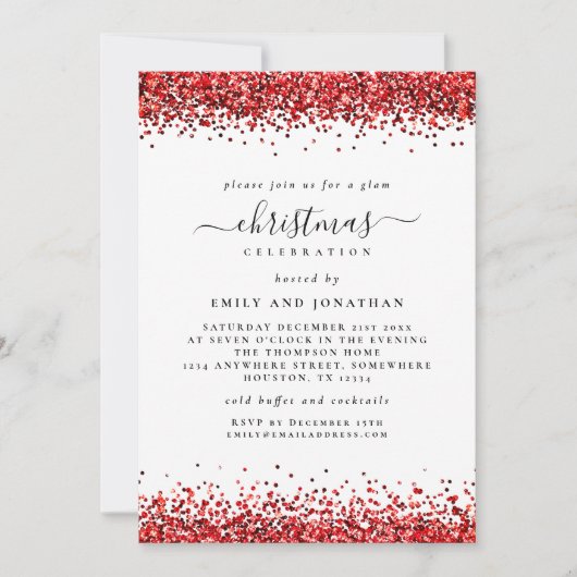 Glam Red Glitter Kerstfeest Wit Kaart (Voorkant)