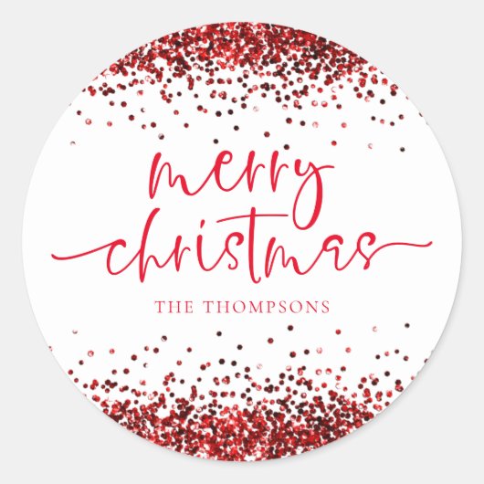 Glam Red Glitter Merry KerstWhite Ronde Sticker (Voorkant)