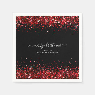 Glam Red Glitter Name Merry KerstBlack Servet