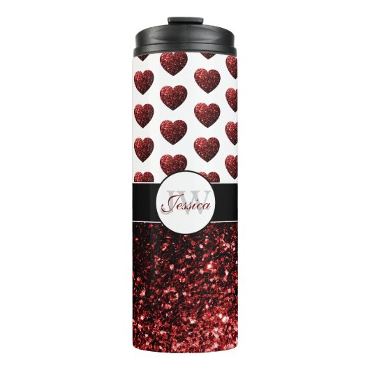 Glam Red Glitter sparkles Hartpatroon Monogram Thermosbeker (Voorkant)