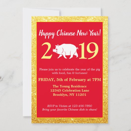 Glam Red Gold Glitter Chinees Nieuwjaar 2019 Pig Kaart (Achterkant)