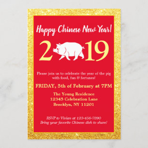 Glam Red Gold Glitter Chinees Nieuwjaar 2019 Pig Kaart
