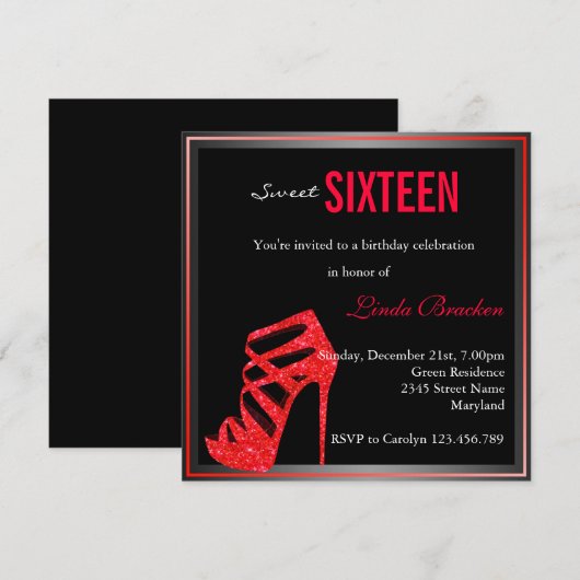 Glam Red High Hiel Black Sweet Sixteen Invite Kaart (Voorkant / Achterkant)