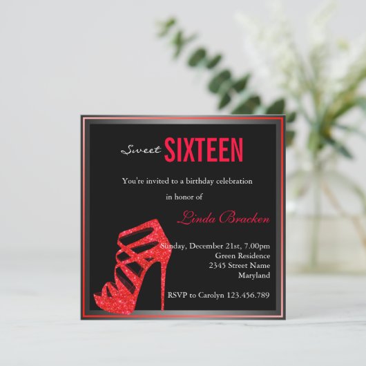 Glam Red High Hiel Black Sweet Sixteen Invite Kaart (Staand voorkant)
