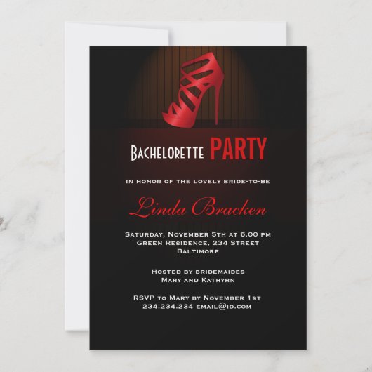 Glam Red High Hiel Shoe Bachelorette Invitation Kaart (Voorkant)