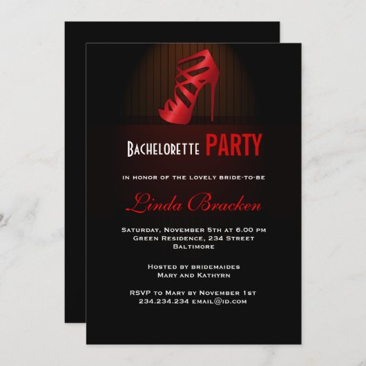 Glam Red High Hiel Shoe Bachelorette Invitation Kaart (Voorkant / Achterkant)