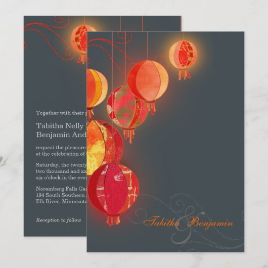 Glam Red Lantern Charcoal Gray Wedding Kaart (Voorkant / Achterkant)