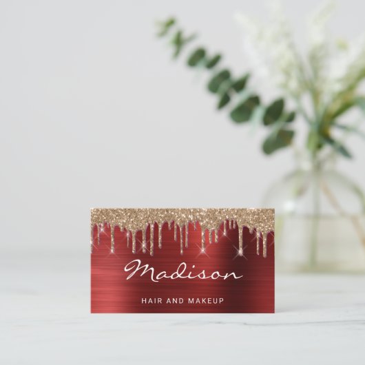 Glam Red Metal Gold Glitter Drip Hair & Makeup Visitekaartje (Staand voorkant)