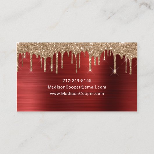 Glam Red Metal Gold Glitter Drip Hair & Makeup Visitekaartje (Achterkant)