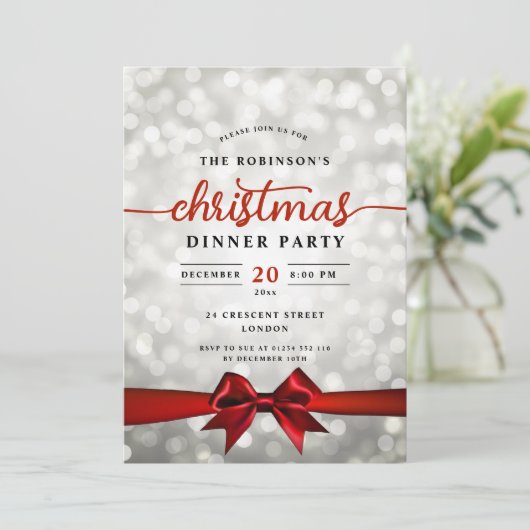 Glam Red Ribbon Silver Lights Kerstfeest Kaart (Staand voorkant)
