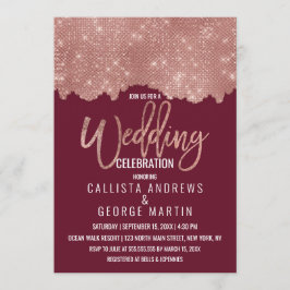 Glam Red Rose Gold Glitter Color Block Wedding Kaart