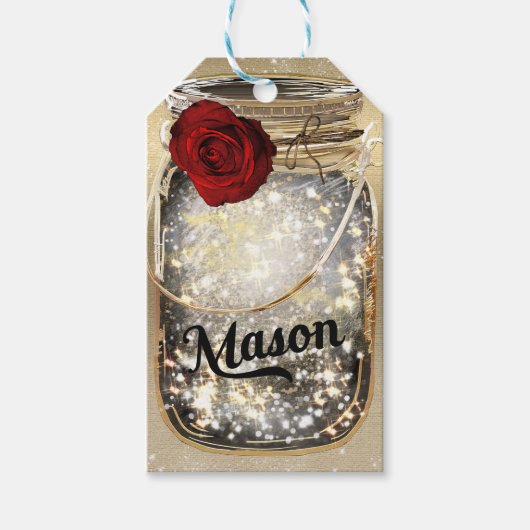 Glam Red Rose Mason Jar Party Cadeaulabel (Voorkant)