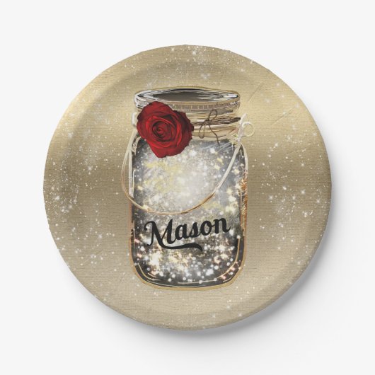 Glam Red Rose Mason Jar Party Papieren Bordje (Voorkant)