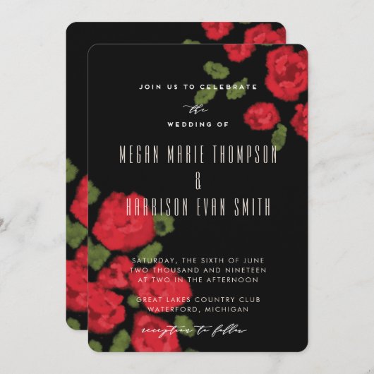 Glam Red Roses script Wedding Invitation Kaart (Voorkant / Achterkant)