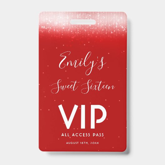 Glam Red Sweet 16 Uitnodiging VIP Pass Badge (Voorzijde)