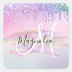 Glam Regenboog Eenhoorn Ombre Glitter Roze Monogra Vierkante Sticker