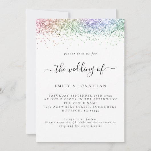 Glam Regenboog Glitter QR-code Trouwen Kaart (Voorkant)