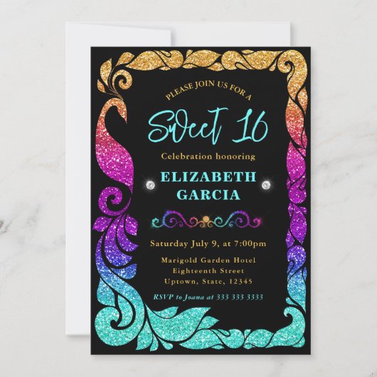 Glam Regenboog Gradiënt Glitter Pauw Sweet 16 Kaart (Voorkant)